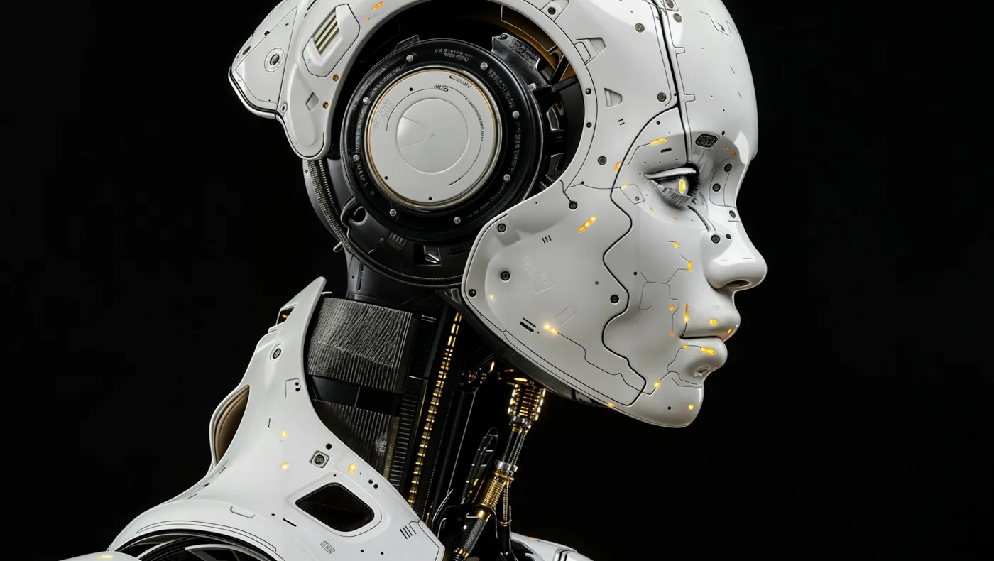 A sleek humanoid AI robot head